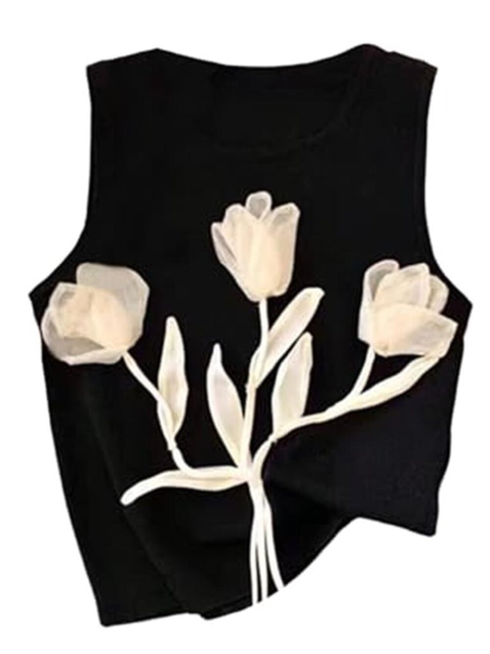 Women's 3D Black  Floral Tank Top Crew Neck Tulip Applique Summer Casual